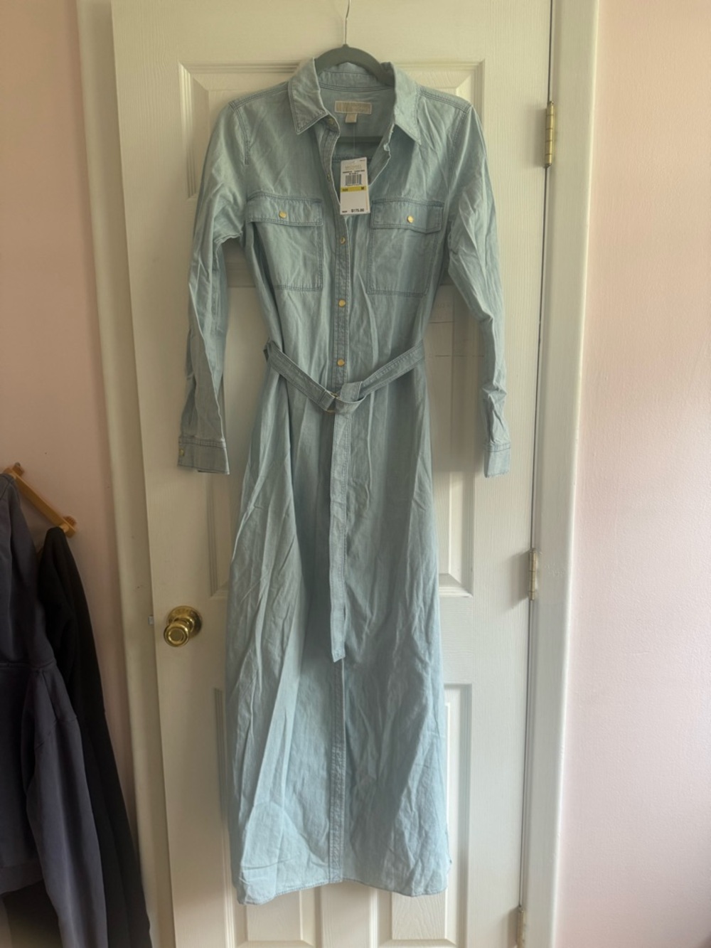 MICHAEL Michael Kors Light Blue Chambray Maxi Shirt Dress with Belted Waist - Picture 3 of 9